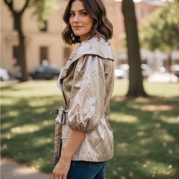 BCBGMAXAZRIA Metallic Gold Crinkle Jacket - Picture 3 of 11